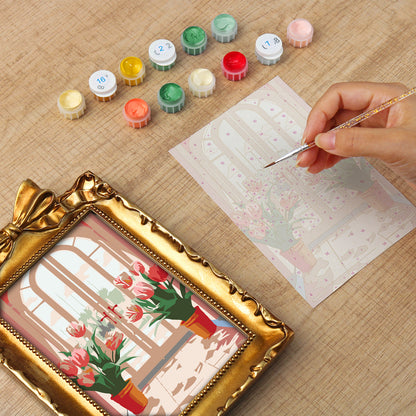 Framed mini paint by numbers featuring a window garden filled with colorful tulips and bright floral accents