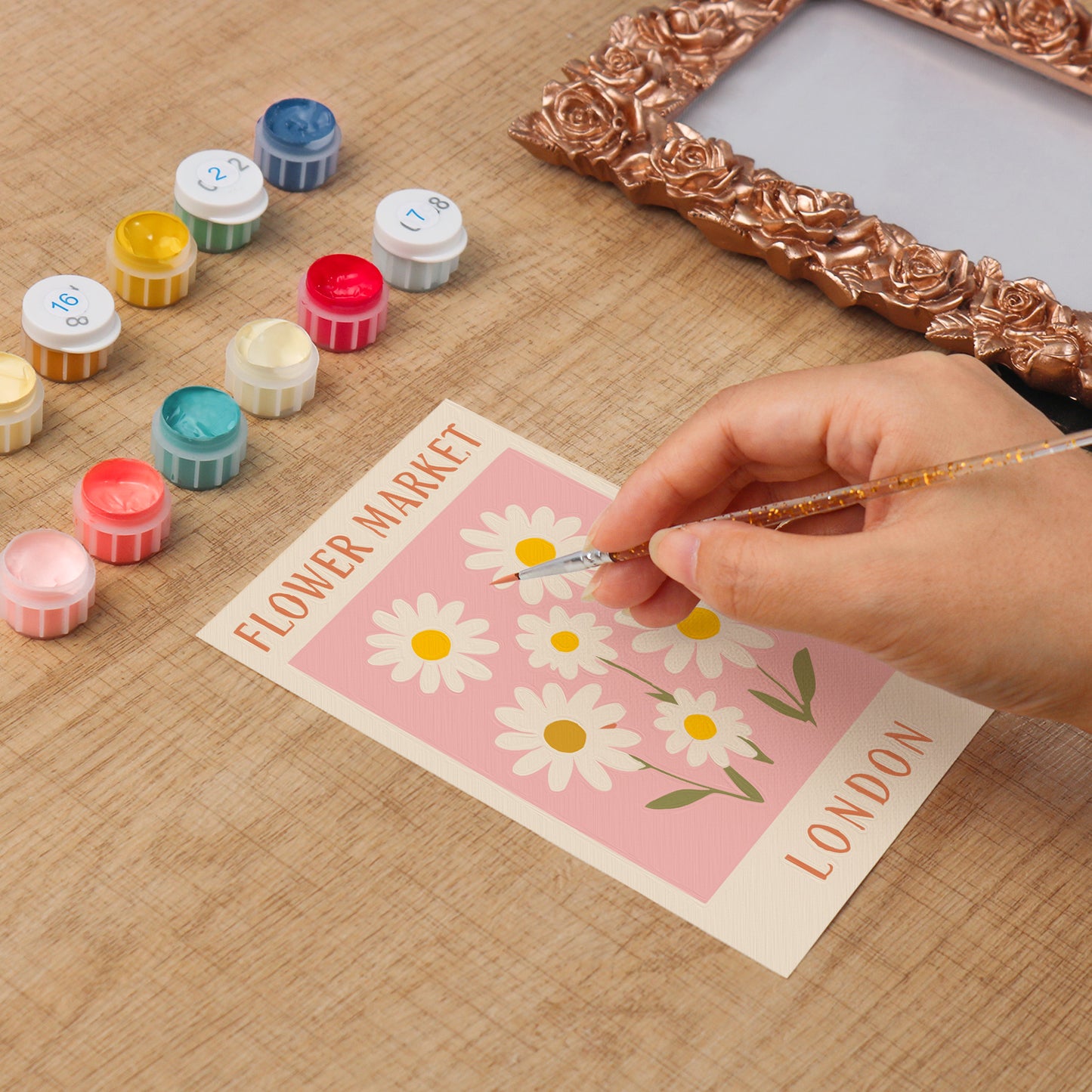 London Flower Market framed mini paint by numbers showing cheerful daisies and classic city poster artwork