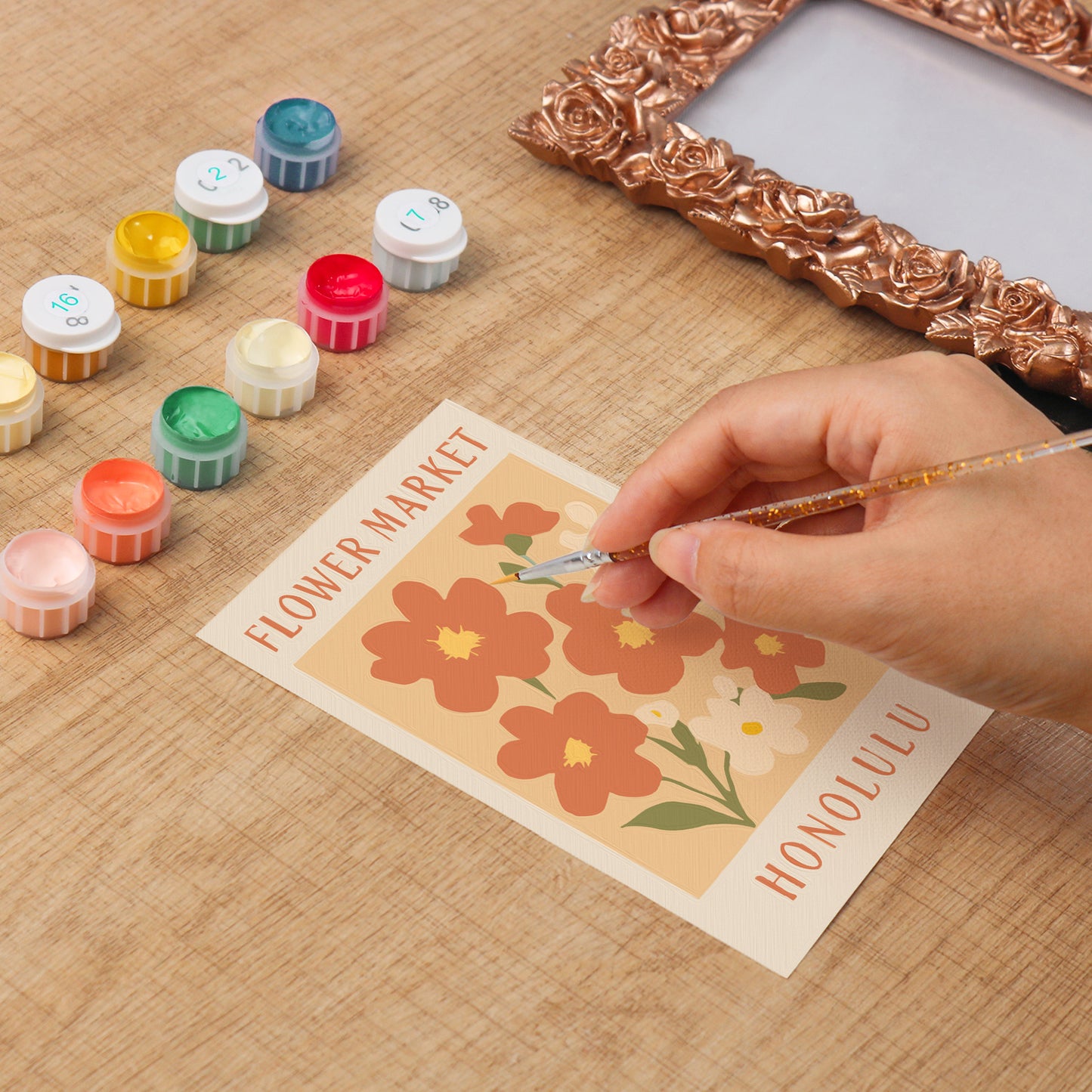 Honolulu Flower Market framed mini paint by numbers featuring tropical flowers in a colorful island-inspired design