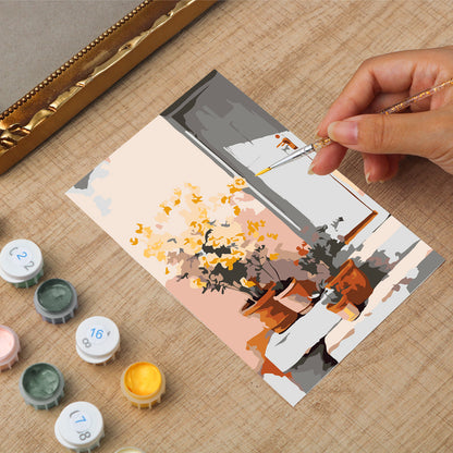 Framed mini paint by numbers of a sunlit indoor plant corner with greenery and natural light