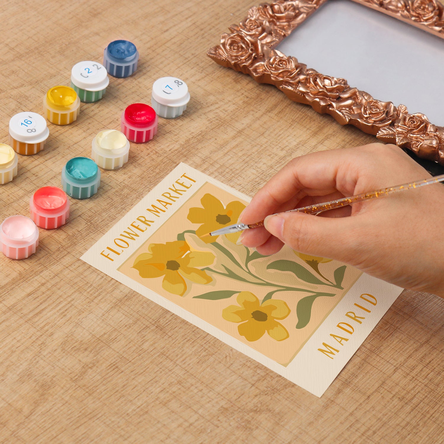 Madrid Flower Market framed mini paint by numbers featuring bright floral arrangement in a vintage poster design