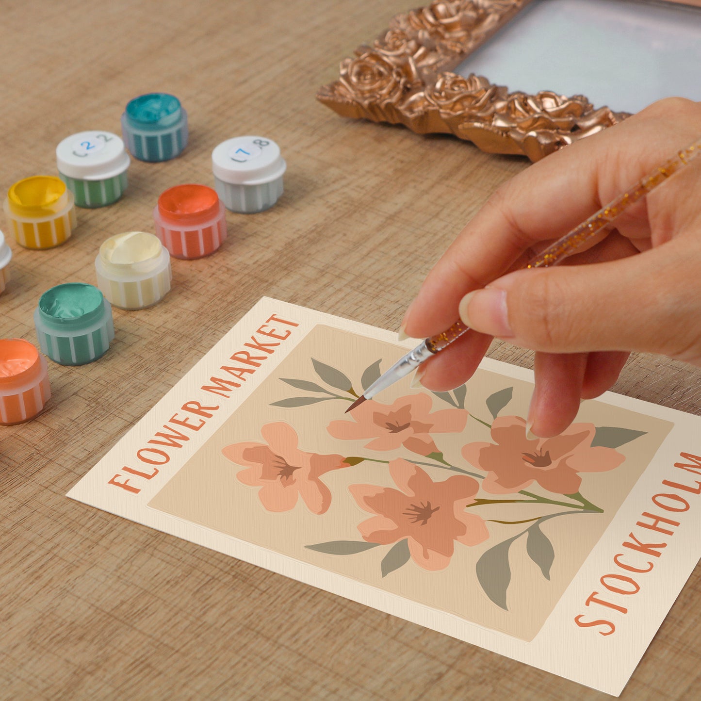 Stockholm Flower Market framed mini paint by numbers featuring colorful flowers in a vintage travel poster style