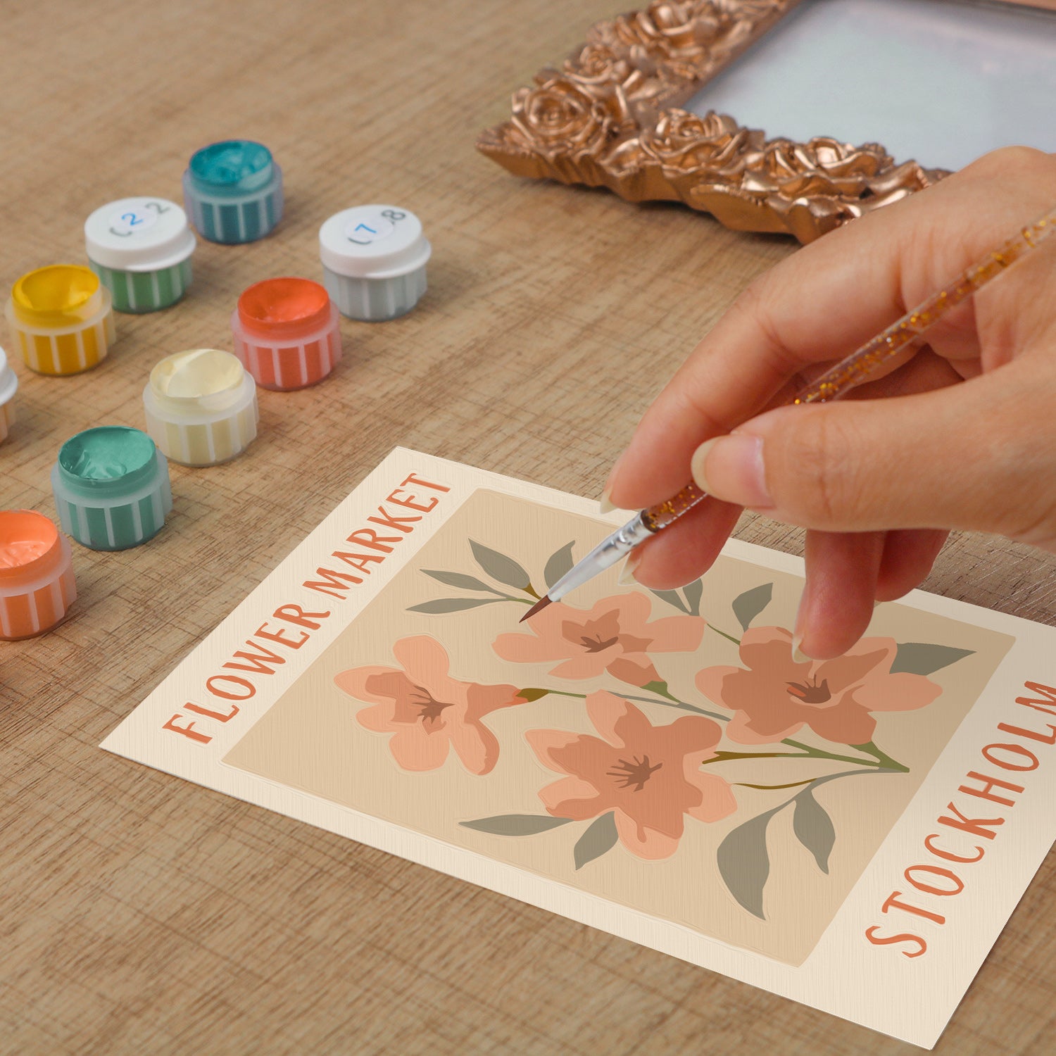 Stockholm Flower Market framed mini paint by numbers featuring colorful flowers in a vintage travel poster style
