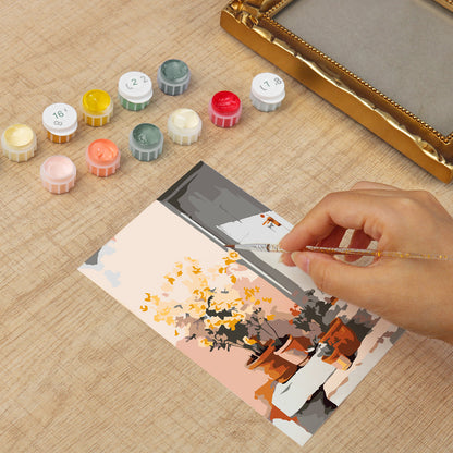 Framed mini paint by numbers of a sunlit indoor plant corner with greenery and natural light