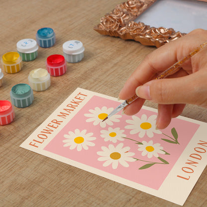 London Flower Market framed mini paint by numbers showing cheerful daisies and classic city poster artwork