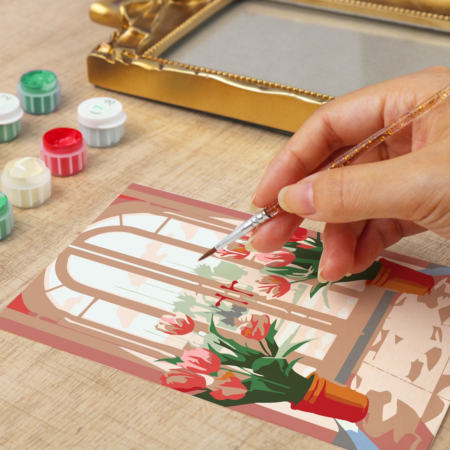 Framed mini paint by numbers featuring a window garden filled with colorful tulips and bright floral accents