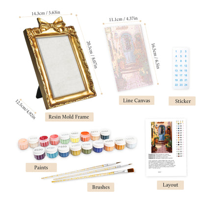 Framed mini paint by numbers of a charming garden door surrounded by lush flowers and greenery