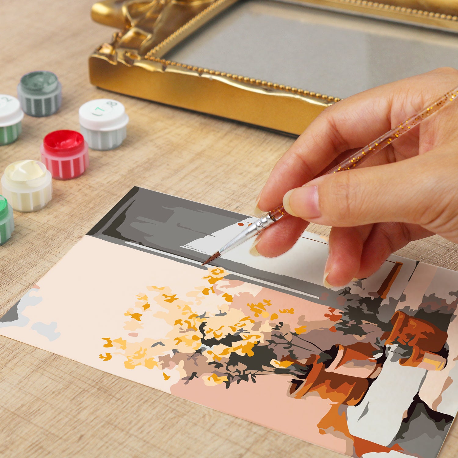 Framed mini paint by numbers of a sunlit indoor plant corner with greenery and natural light