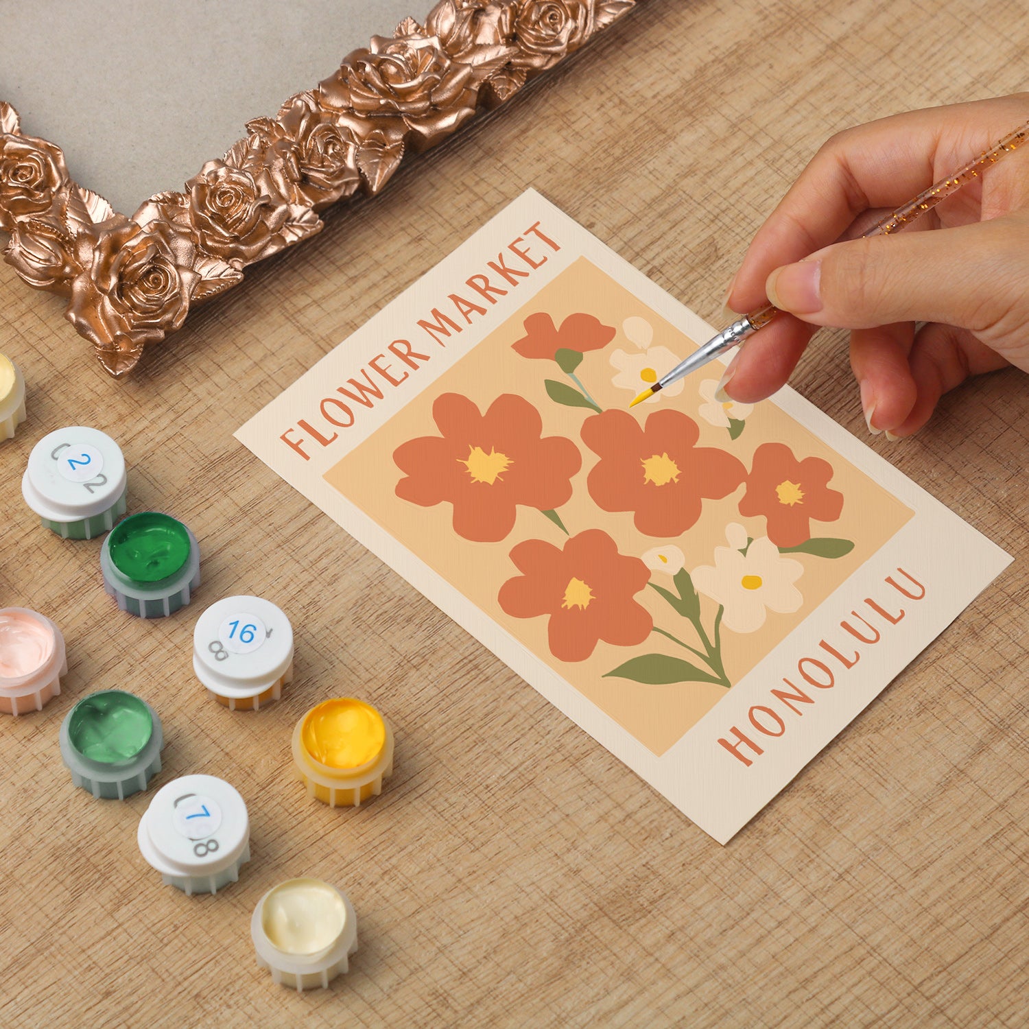 Honolulu Flower Market framed mini paint by numbers featuring tropical flowers in a colorful island-inspired design