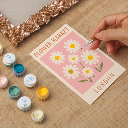 London Flower Market framed mini paint by numbers showing cheerful daisies and classic city poster artwork