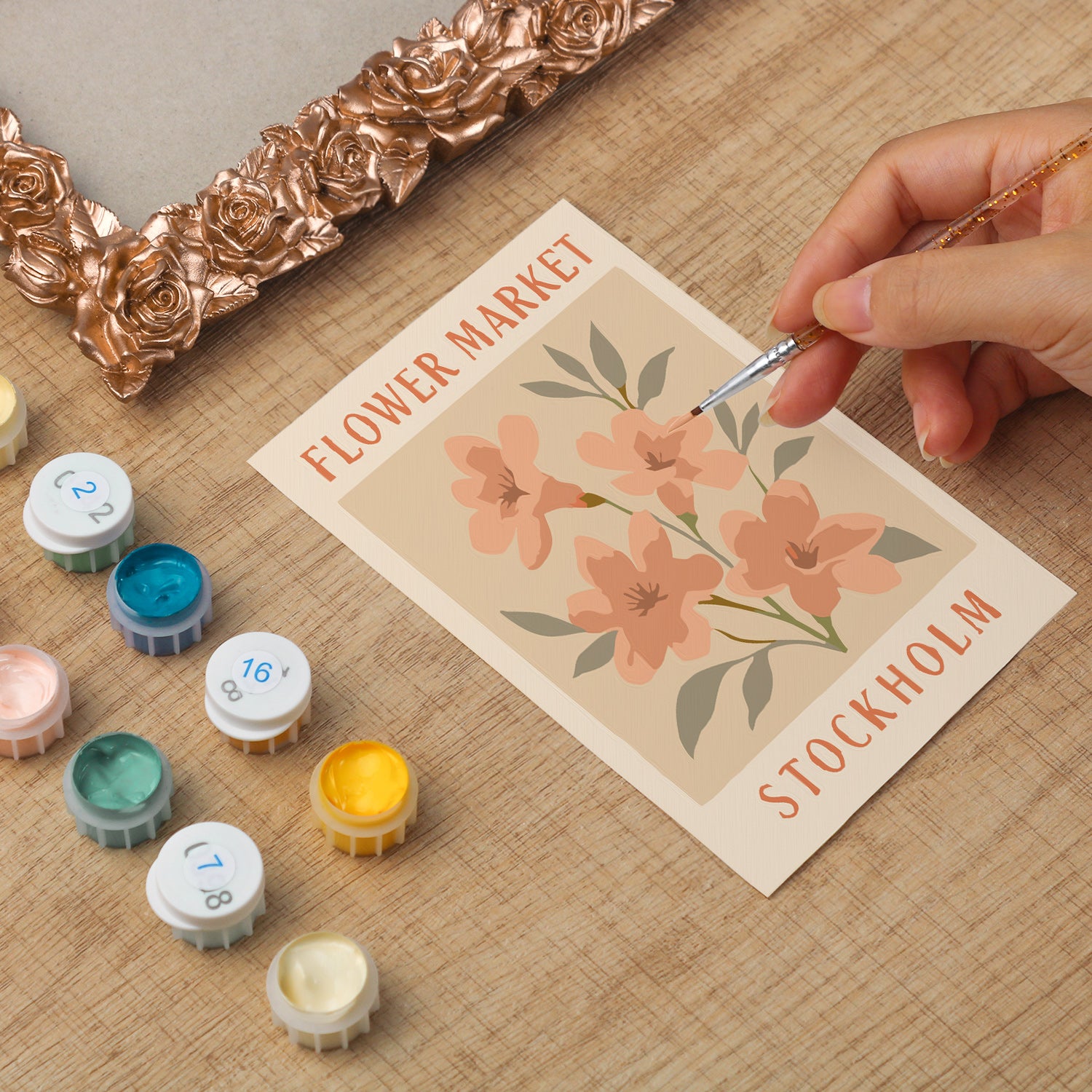 Stockholm Flower Market framed mini paint by numbers featuring colorful flowers in a vintage travel poster style