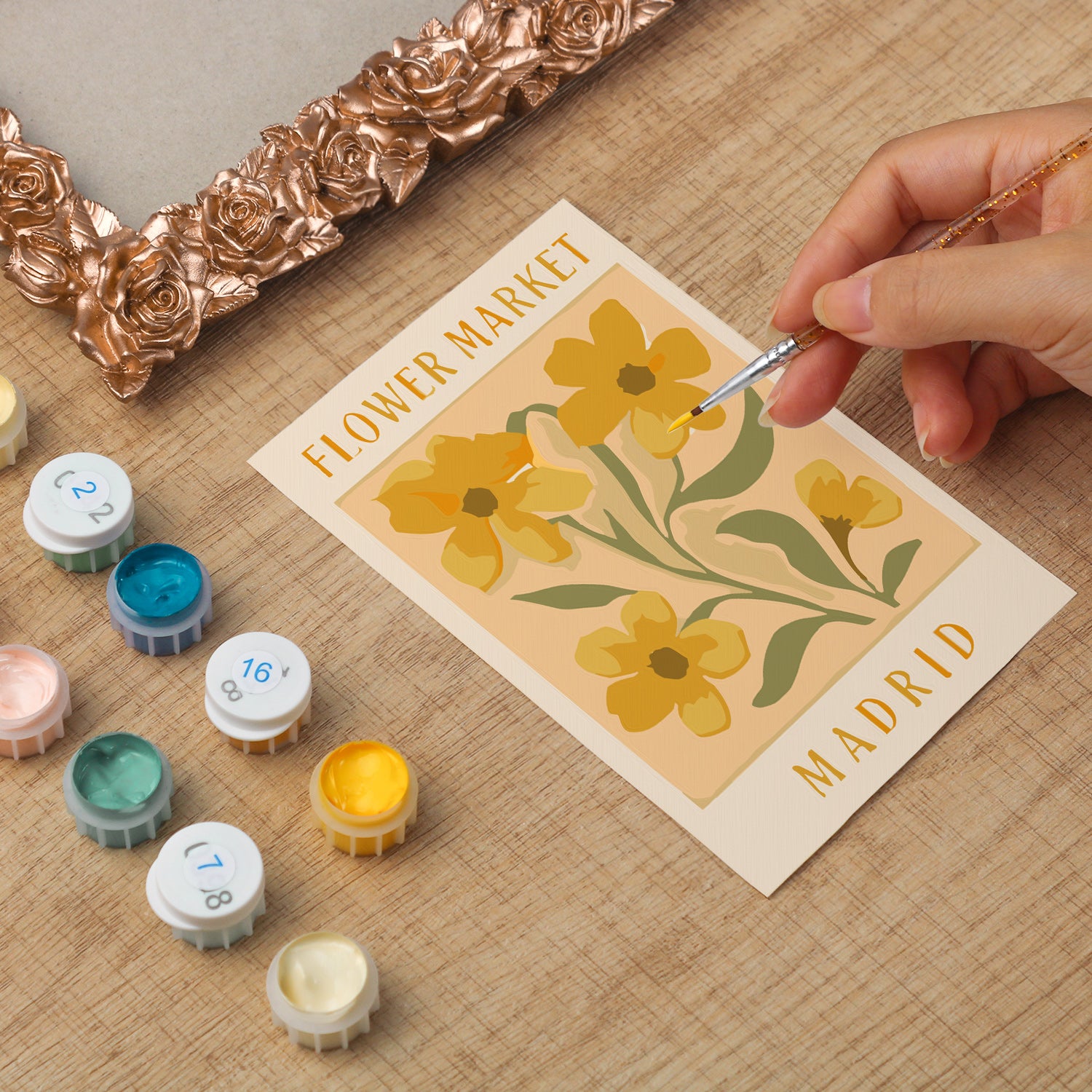 Madrid Flower Market framed mini paint by numbers featuring bright floral arrangement in a vintage poster design