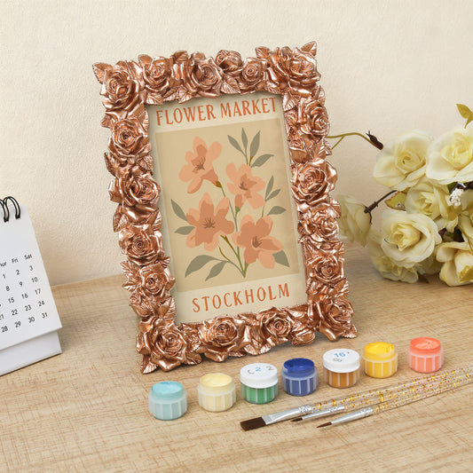 Stockholm Flower Market framed mini paint by numbers featuring colorful flowers in a vintage travel poster style