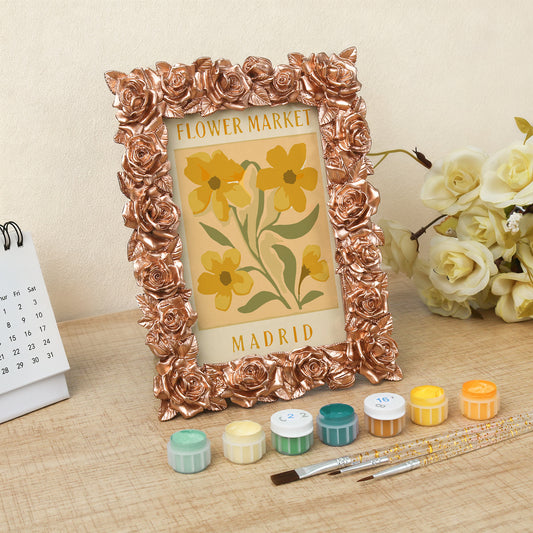 Madrid Flower Market framed mini paint by numbers featuring bright floral arrangement in a vintage poster design