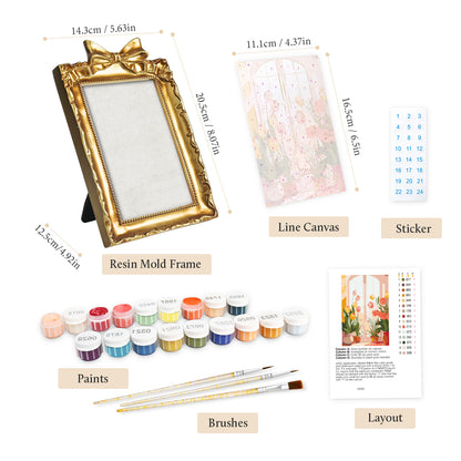 Framed mini paint by numbers of a cozy window filled with blooming flowers and warm decorative details