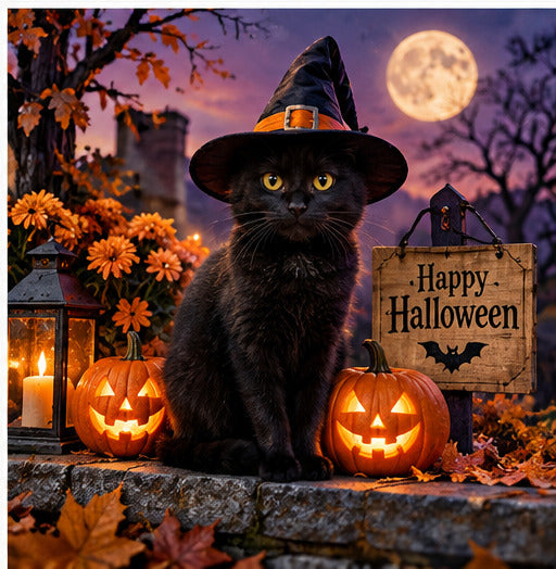 Halloween Scene Black Cat Pumpkins