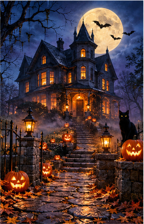 Halloween Scene Haunted House Full Moon