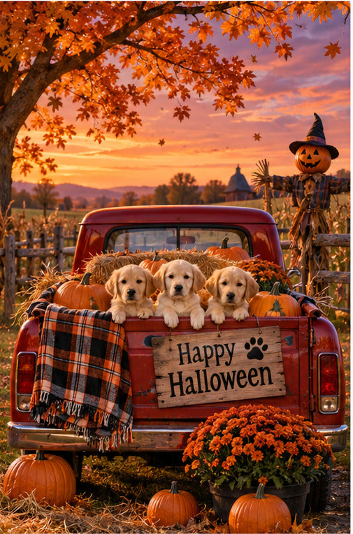 Halloween Scene Puppies Vintage Truck