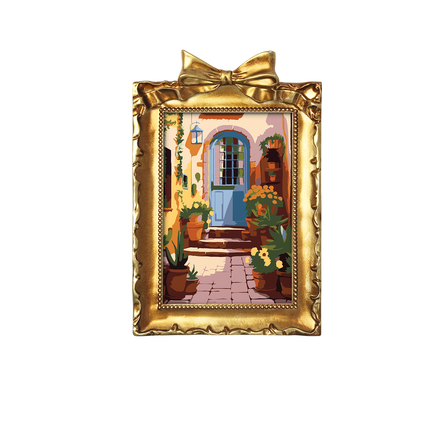 Framed mini paint by numbers of a charming garden door surrounded by lush flowers and greenery