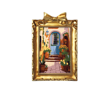 Framed mini paint by numbers of a charming garden door surrounded by lush flowers and greenery