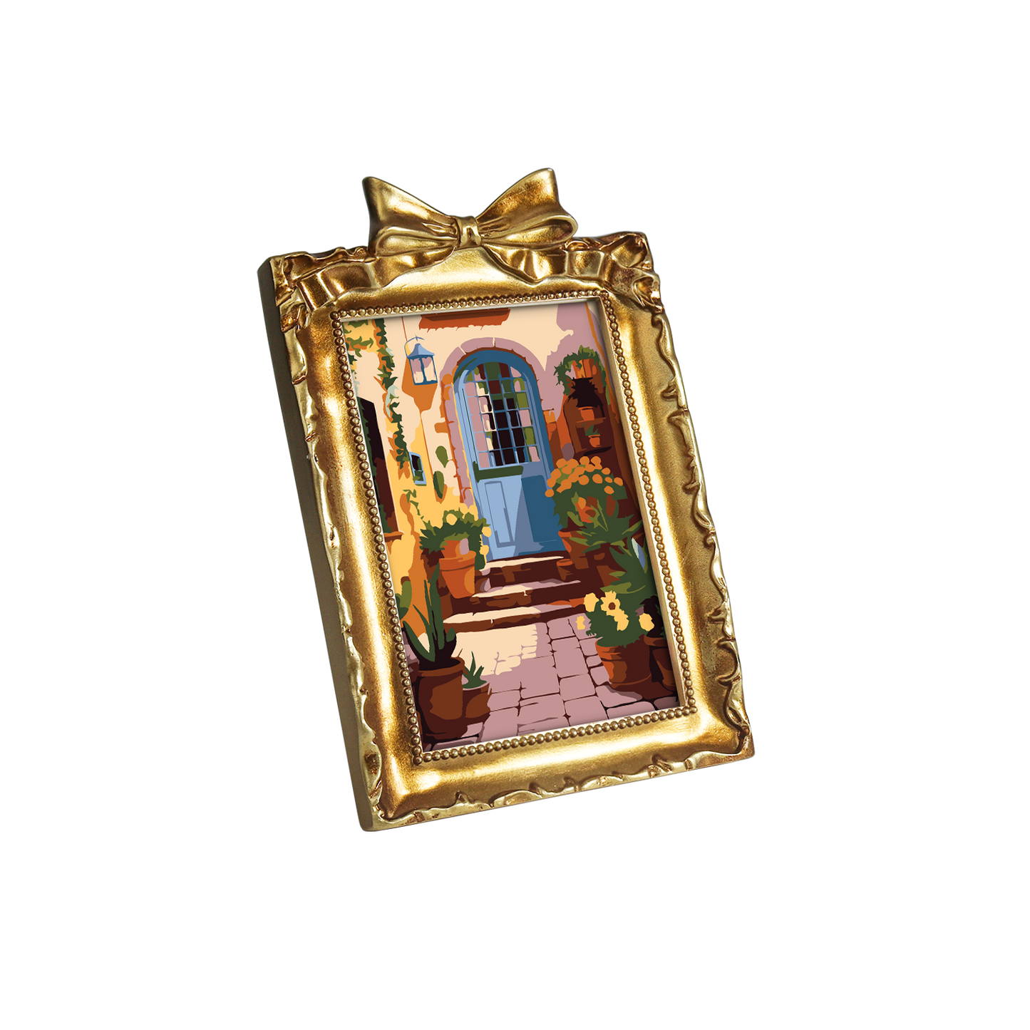 Framed mini paint by numbers of a charming garden door surrounded by lush flowers and greenery