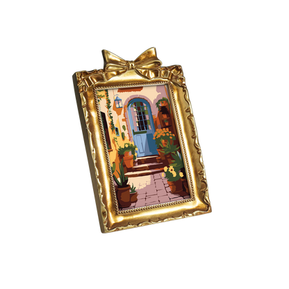 Framed mini paint by numbers of a charming garden door surrounded by lush flowers and greenery