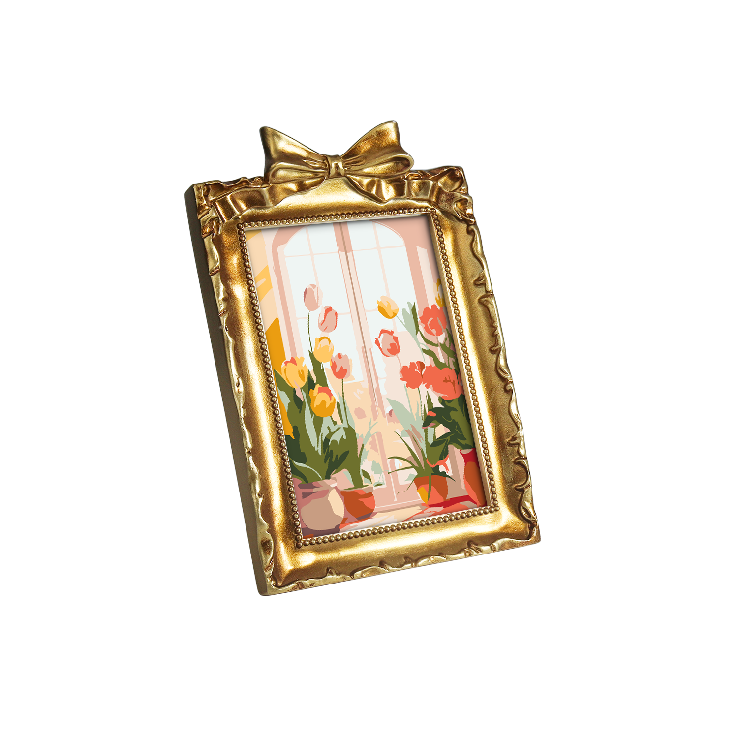 Framed mini paint by numbers of a cozy window filled with blooming flowers and warm decorative details