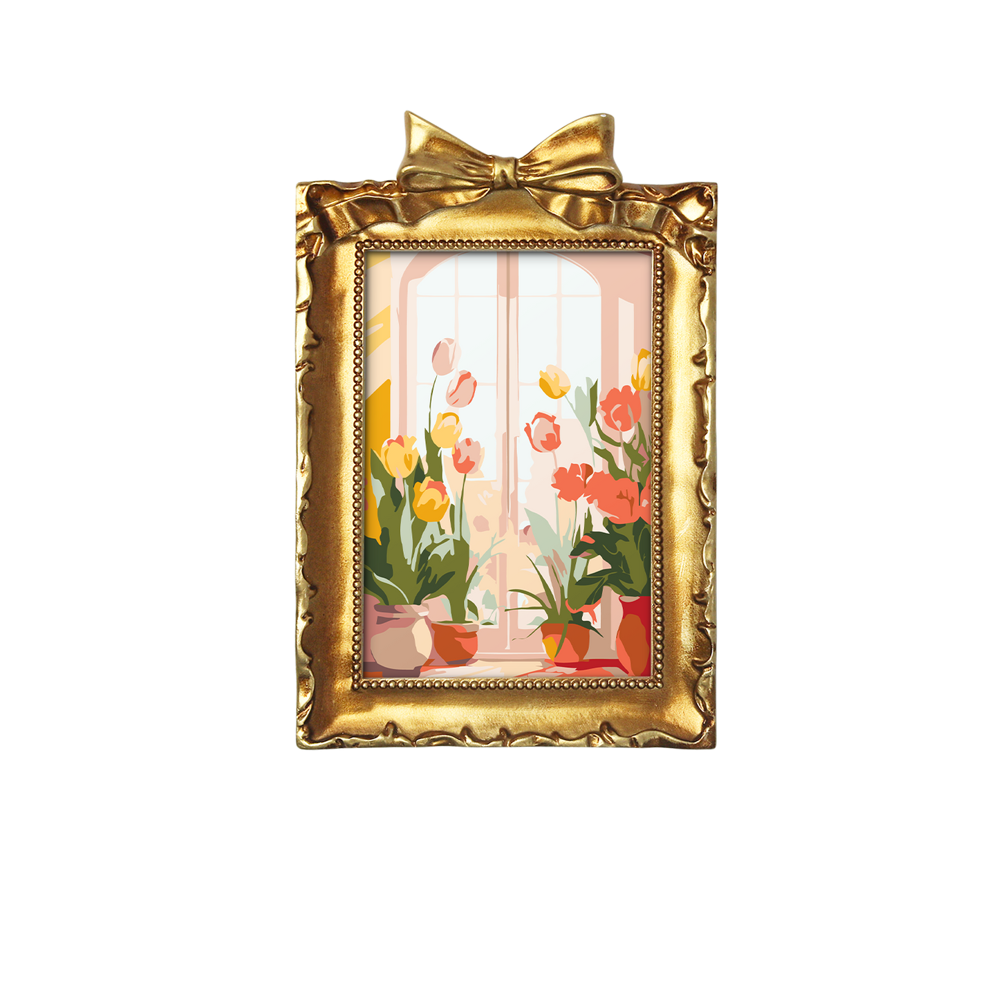 Framed mini paint by numbers of a cozy window filled with blooming flowers and warm decorative details