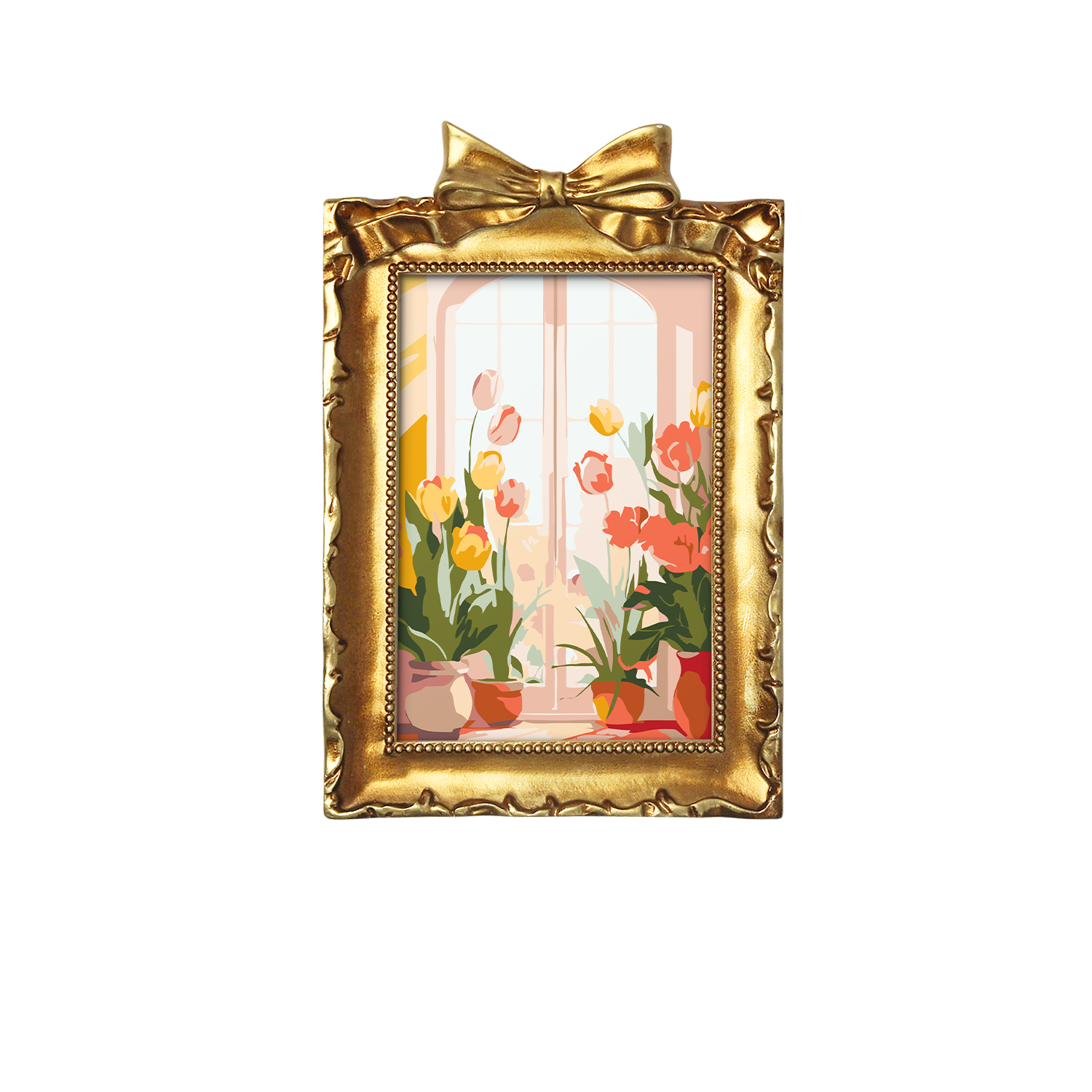 Framed mini paint by numbers of a cozy window filled with blooming flowers and warm decorative details