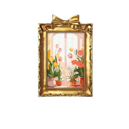 Framed mini paint by numbers of a cozy window filled with blooming flowers and warm decorative details