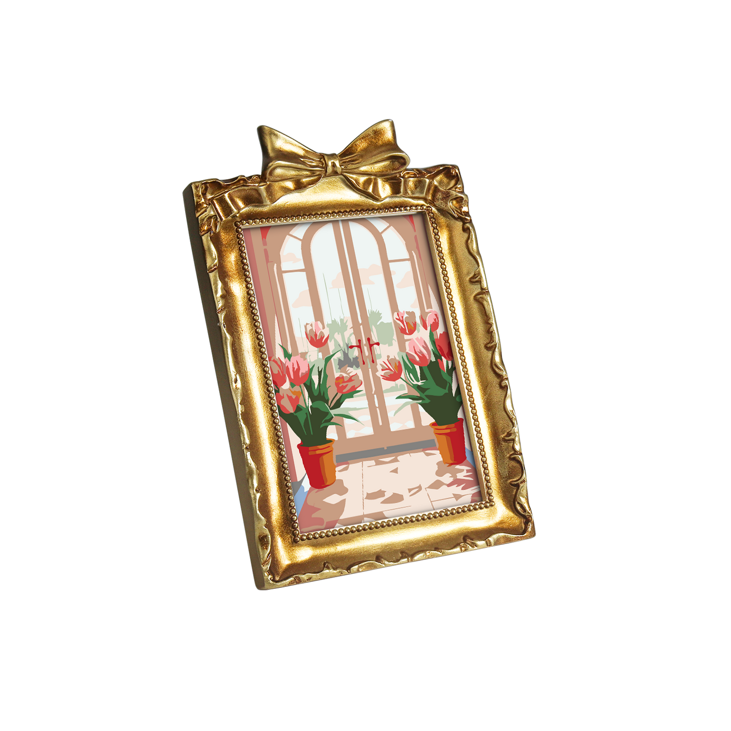 Framed mini paint by numbers featuring a window garden filled with colorful tulips and bright floral accents