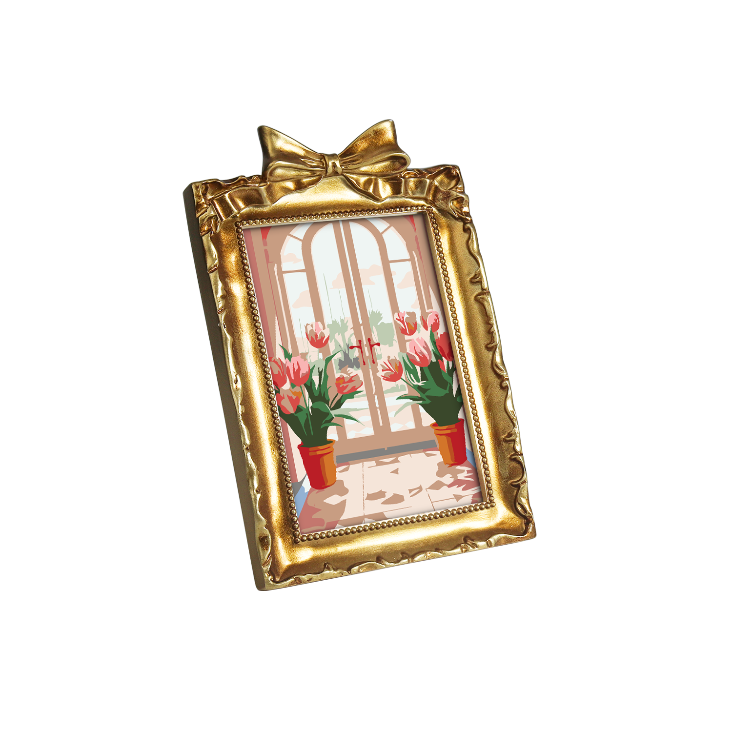 Framed mini paint by numbers featuring a window garden filled with colorful tulips and bright floral accents