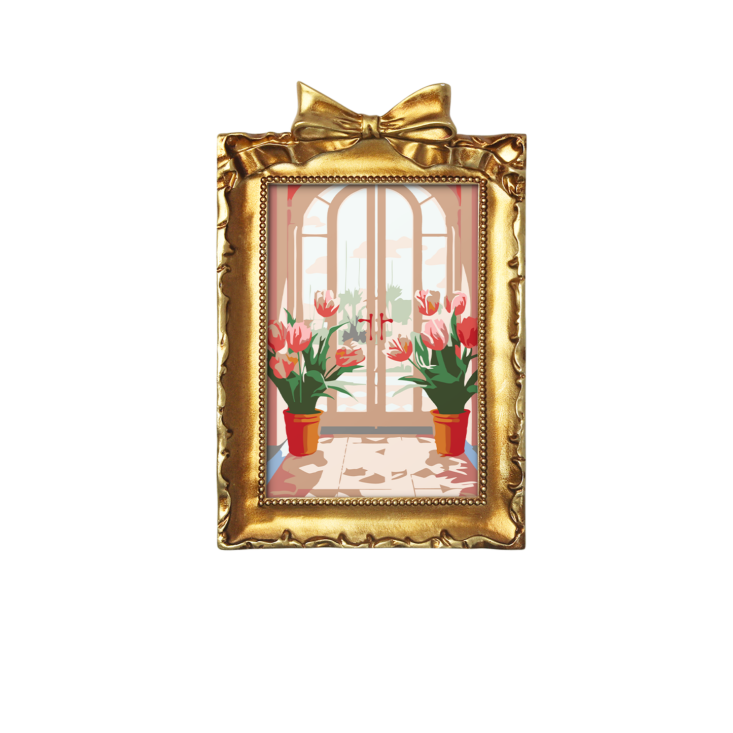 Framed mini paint by numbers featuring a window garden filled with colorful tulips and bright floral accents