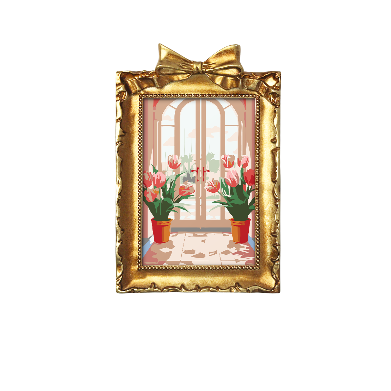 Framed mini paint by numbers featuring a window garden filled with colorful tulips and bright floral accents
