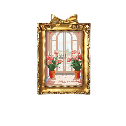 Framed mini paint by numbers featuring a window garden filled with colorful tulips and bright floral accents