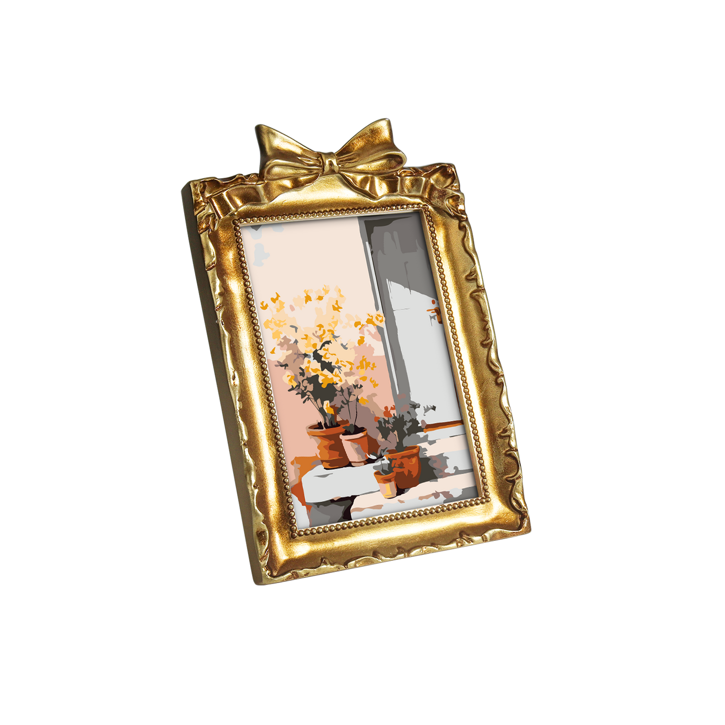 Framed mini paint by numbers of a sunlit indoor plant corner with greenery and natural light