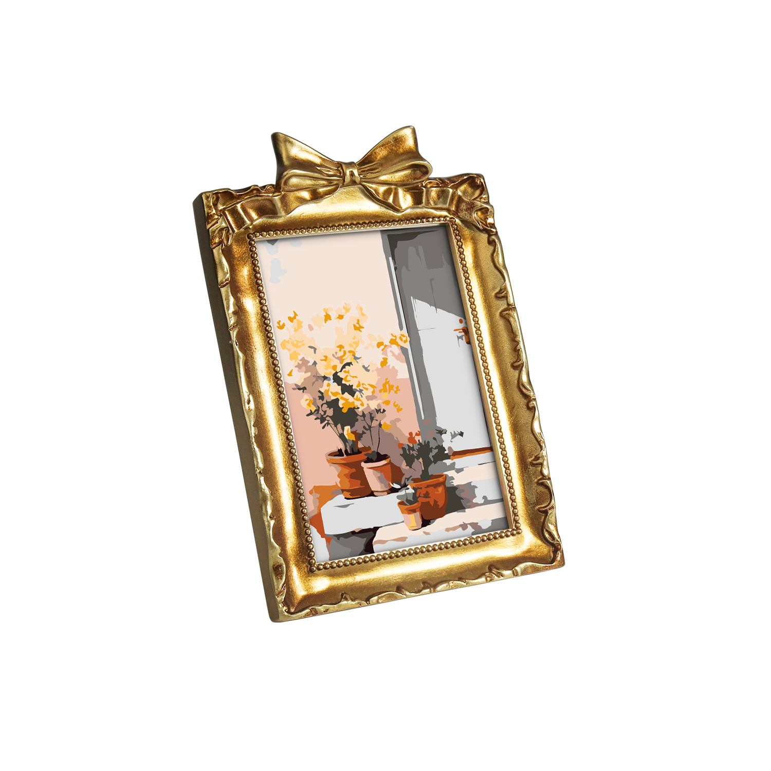 Framed mini paint by numbers of a sunlit indoor plant corner with greenery and natural light