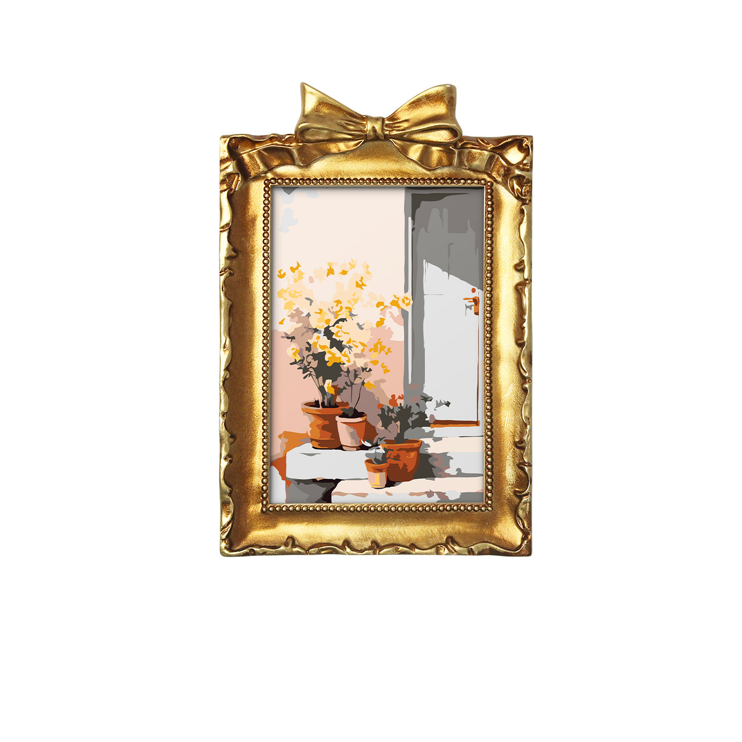 Framed mini paint by numbers of a sunlit indoor plant corner with greenery and natural light