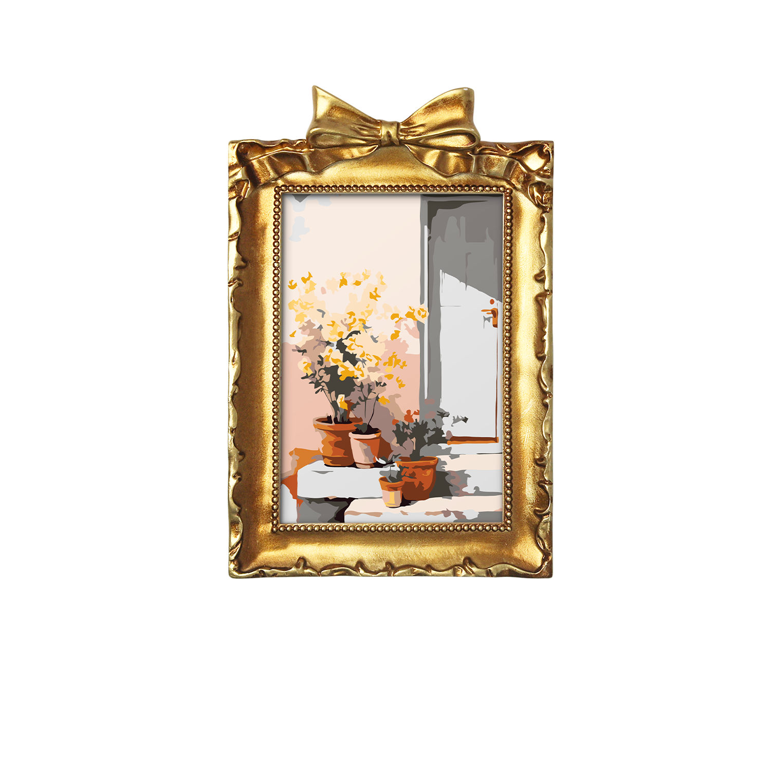 Framed mini paint by numbers of a sunlit indoor plant corner with greenery and natural light