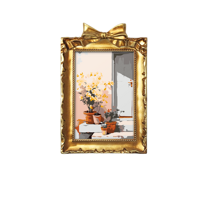 Framed mini paint by numbers of a sunlit indoor plant corner with greenery and natural light