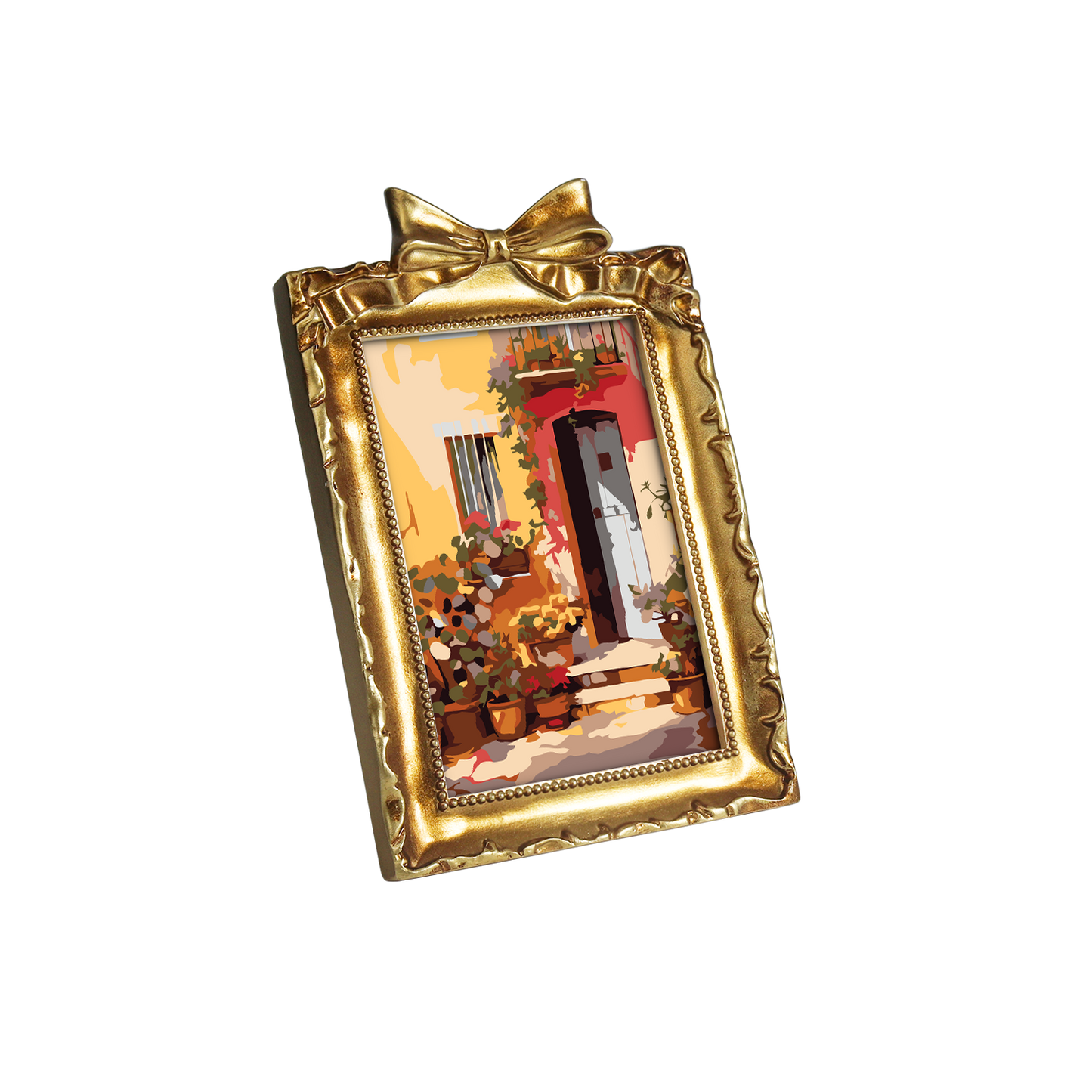Framed mini paint by numbers showing a Mediterranean passage filled with vibrant flowers and decorative details
