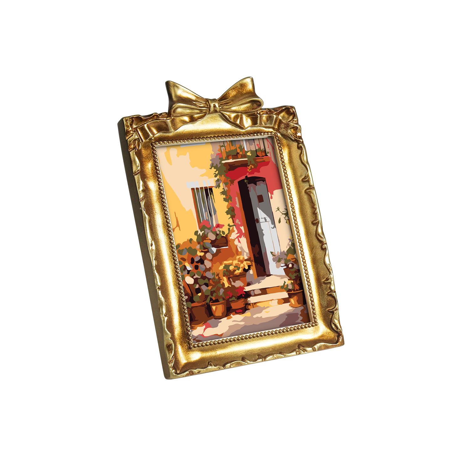 Framed mini paint by numbers showing a Mediterranean passage filled with vibrant flowers and decorative details