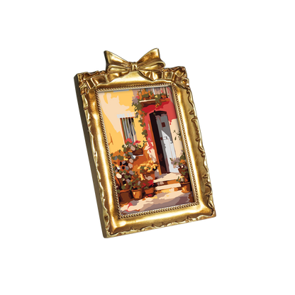 Framed mini paint by numbers showing a Mediterranean passage filled with vibrant flowers and decorative details