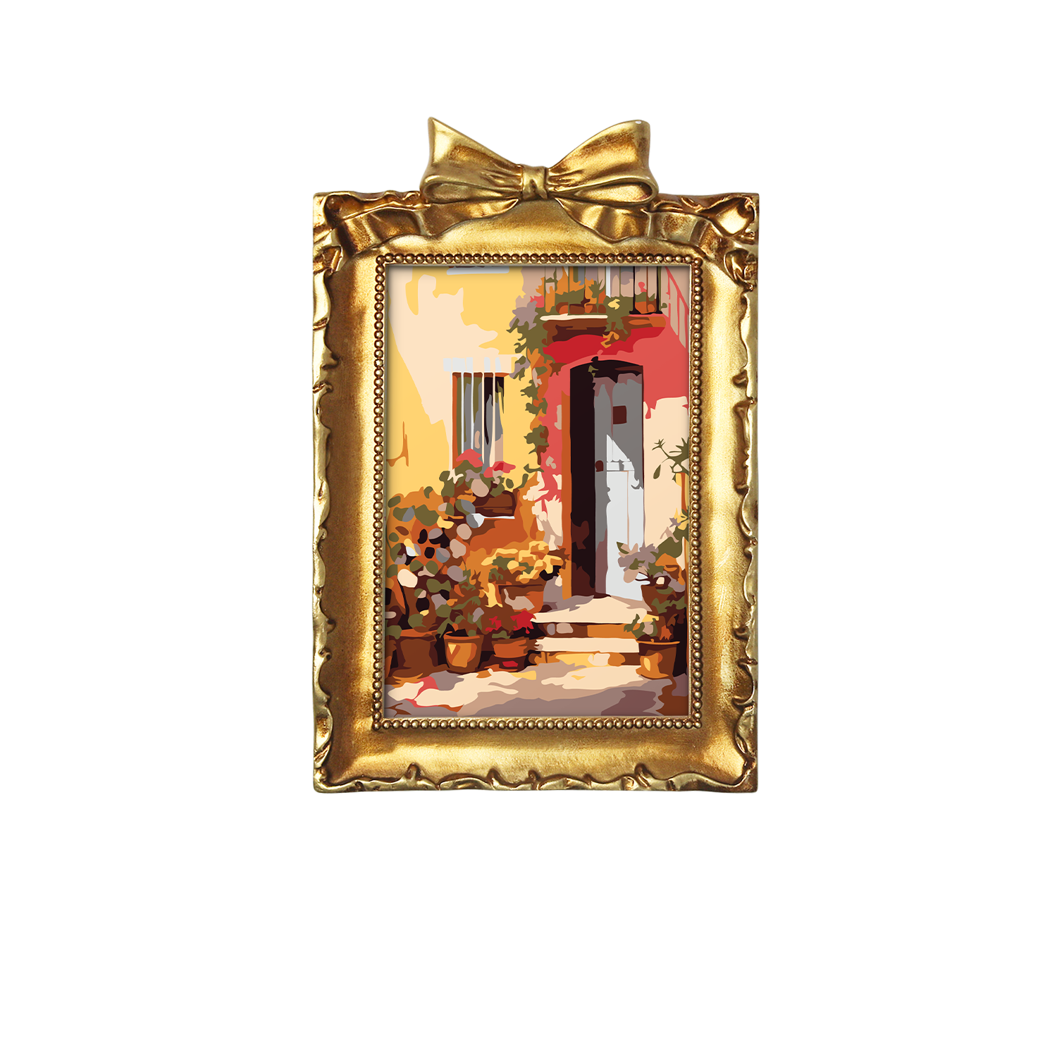 Framed mini paint by numbers showing a Mediterranean passage filled with vibrant flowers and decorative details