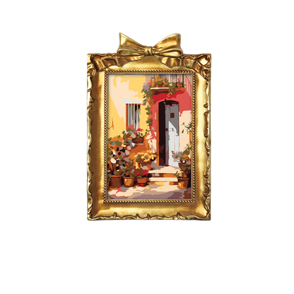 Framed mini paint by numbers showing a Mediterranean passage filled with vibrant flowers and decorative details
