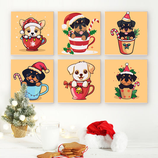 Christmas Puppies in Cups 6 Pack Mini Paint by Numbers Kit