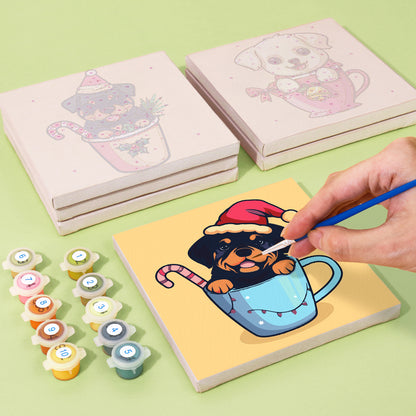 Christmas Puppies in Cups 6 Pack Mini Paint by Numbers Kit